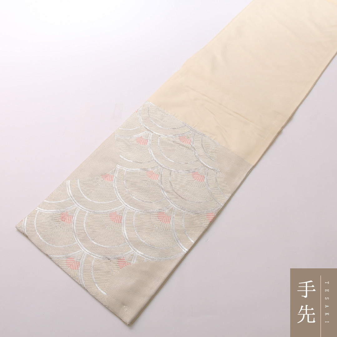 振袖用 袋帯 帯丈432cm 正絹 六通 青海波 クリーム系 銀系 1243-01649