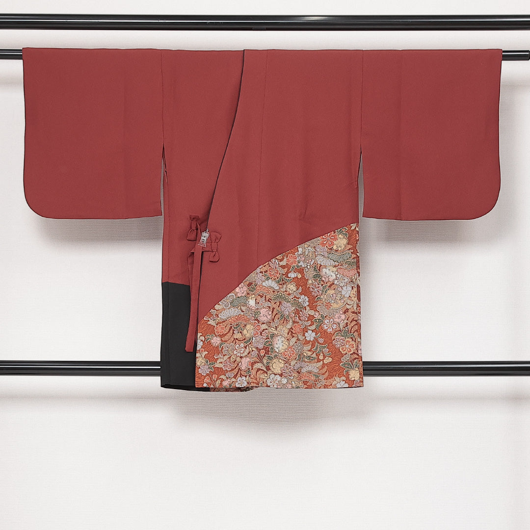 洗える着物 道中着 袷 身丈83cm 裄丈67cm ポリエステル Sランク セミフォーマル Mサイズ 辻が花調 花柄 朱系 RP 1236-13899