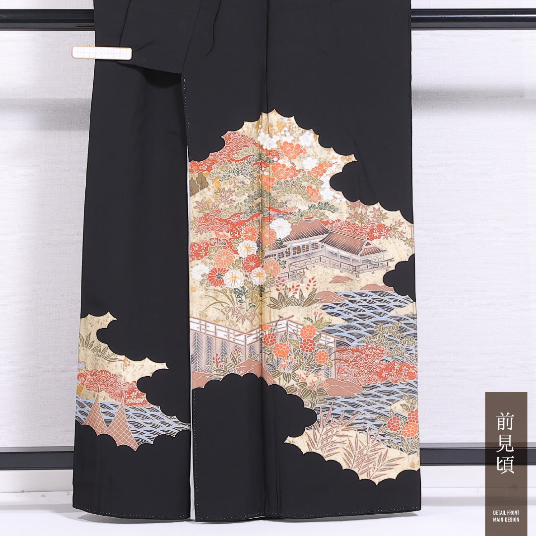 黒留袖 身丈161cm 裄丈65cm 袷 五つ紋 五三桐 正絹 Aランク 広衿 御所解 松竹梅 青海波 比翼仕立て 1211-F0426