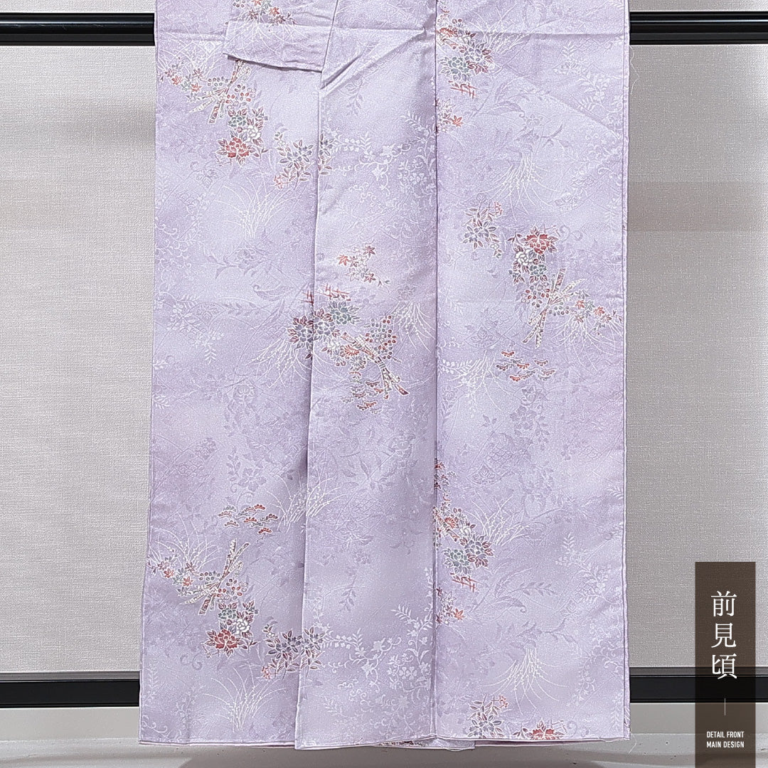 未使用品 洗える着物 小紋 袷 身丈156cm 裄丈63cm ポリエステル Nランク インフォーマル 広衿 Mサイズ しつけ糸 吉祥文様 紫系 RP 1221-14913