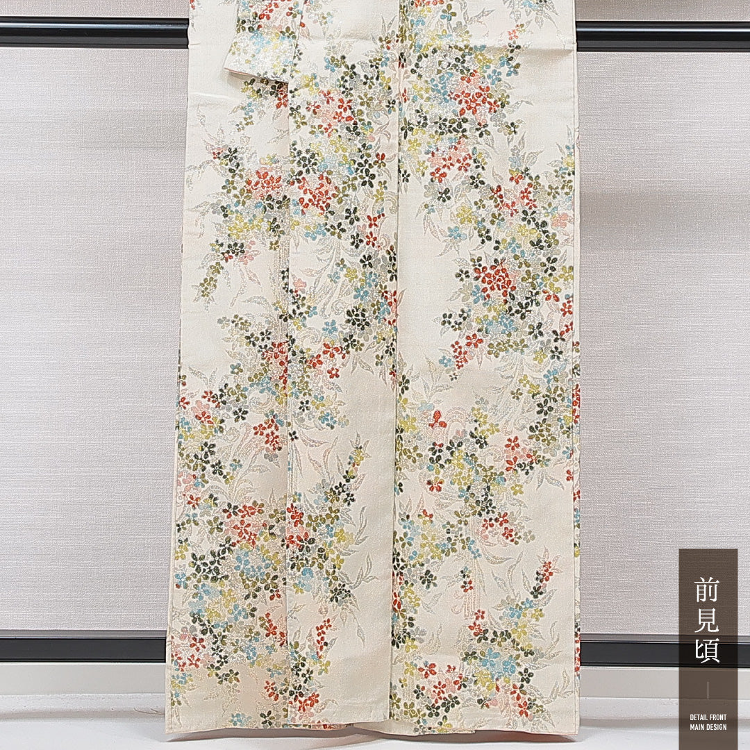 紬 袷 身丈162cm 裄丈64cm 正絹 Cランク カジュアル バチ衿 Lサイズ 花柄 クリーム系 LP 1223-15615