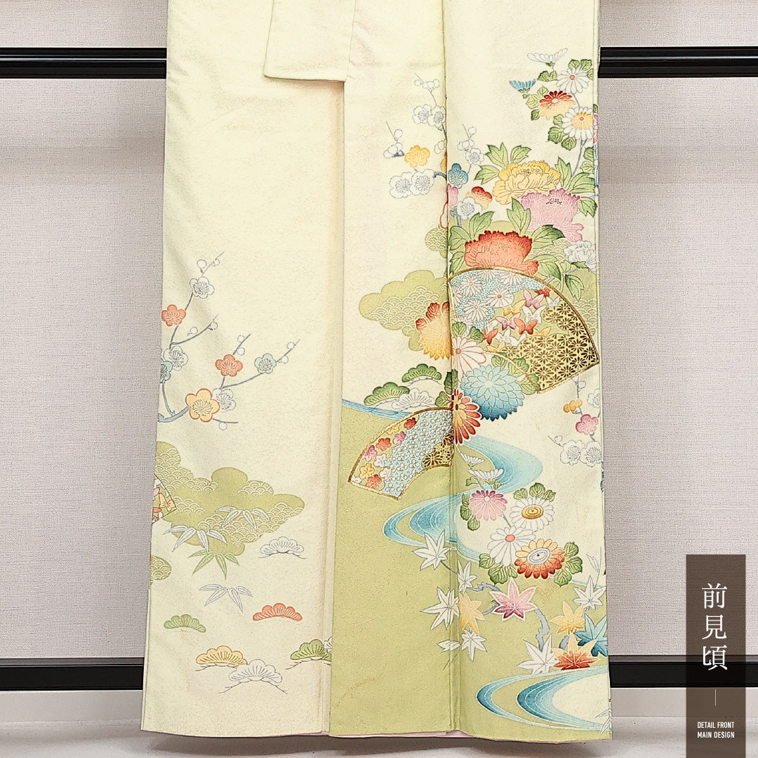 洗える着物 訪問着 袷 身丈158cm 裄丈61cm ポリエステル Cランク セミフォーマル 広衿 Mサイズ 金駒刺繍 扇 牡丹 黄系 LP 1217-14020