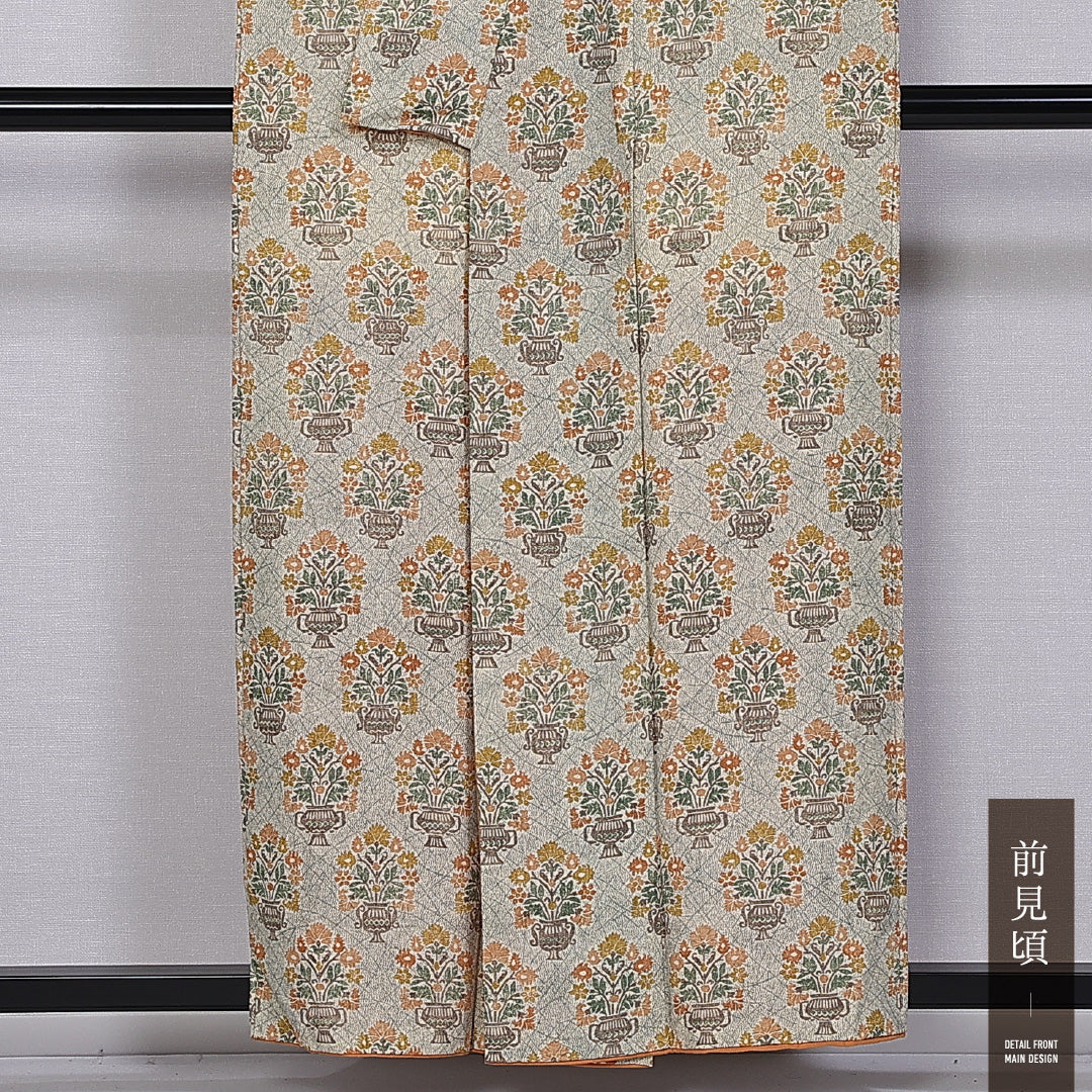 小紋 袷 身丈156cm 裄丈63cm 正絹 Sランク インフォーマル 広衿 Mサイズ 花瓶 緑系 RP 1221-11255