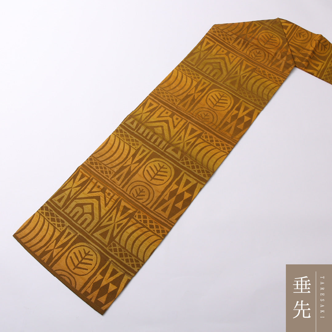 九寸名古屋帯 Sランク 帯丈350cm 正絹 六通 名古屋仕立て 織り インフォーマル ふくれ織 創作柄 黄系 RP 1245-02665