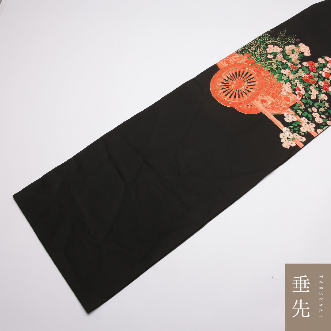 九寸名古屋帯 Aランク 帯丈376cm 正絹 ポイント柄 名古屋仕立て 染め セミフォーマル 塩瀬 花車 黒系 RP 1245-01816