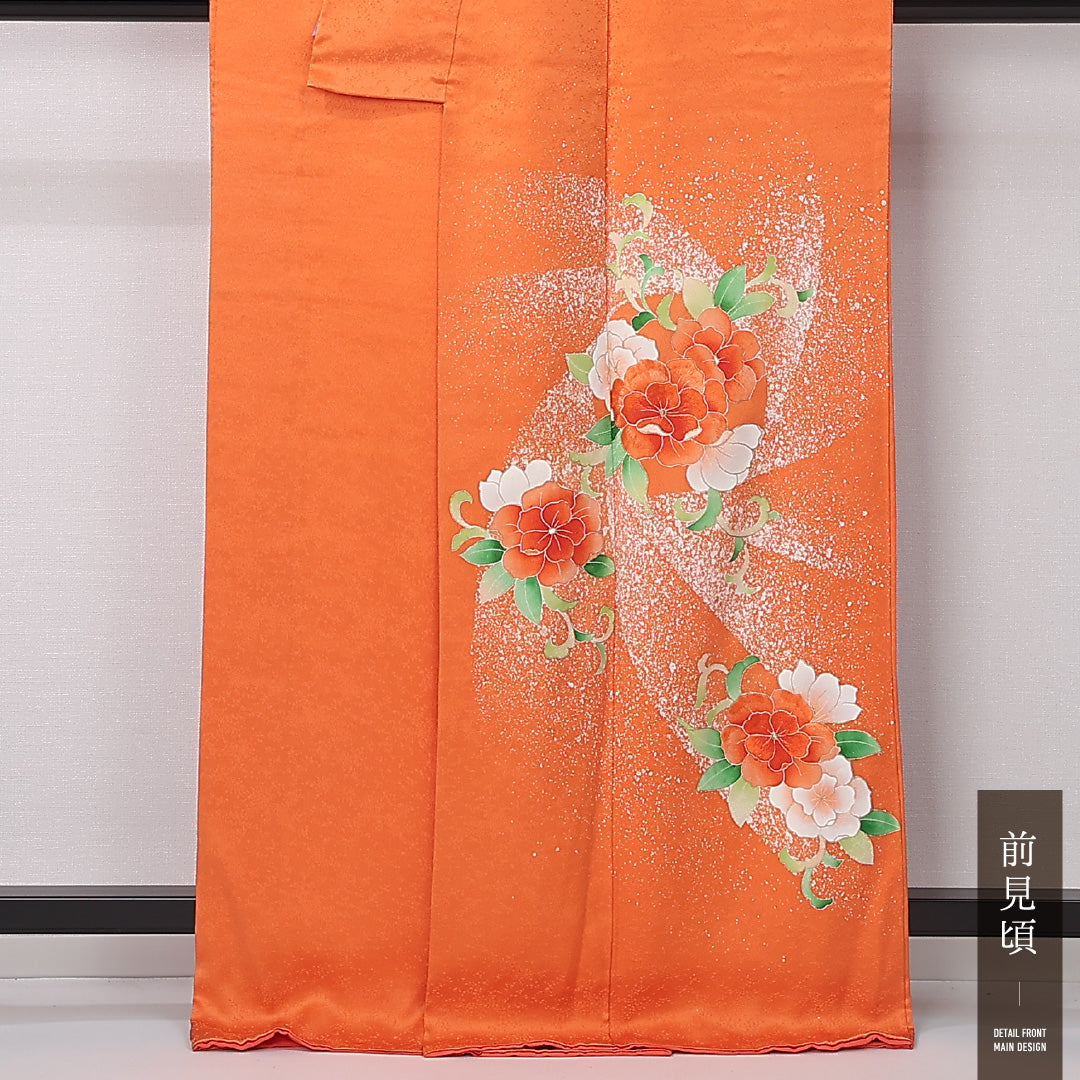 付下げ 袷 身丈162cm 裄丈66cm 正絹 Aランク インフォーマル 広衿 Lサイズ 刺繍 牡丹 朱系 RP 1218-12439