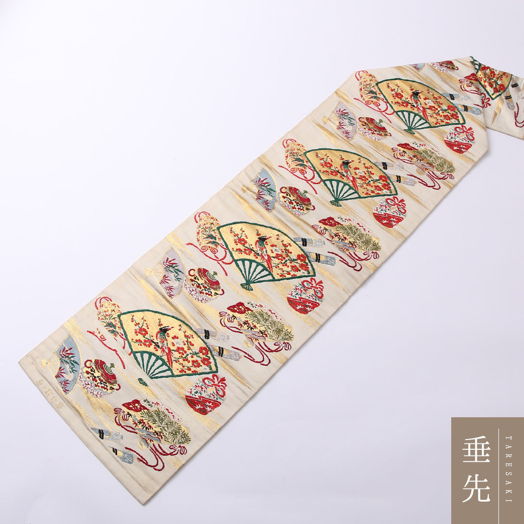 アンティーク 九寸名古屋帯 Cランク 帯丈338cm 正絹 六通 名古屋仕立て 織り 花扇 茶道具 クリーム系 RP 1245-02543