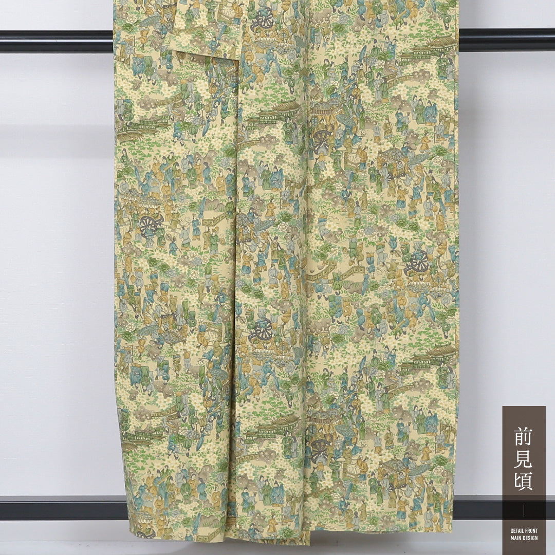 洗える着物 小紋 単衣 身丈158cm 裄丈64cm ポリエステル Sランク インフォーマル 広衿 Mサイズ 風景柄 黄系 RP 1221-12343