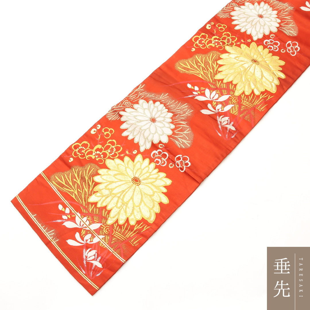 アンティーク 九寸名古屋帯 Aランク 帯丈342cm 正絹 六通 名古屋仕立て 帯芯なし 織り 菊 朱系 RP 1245-02076