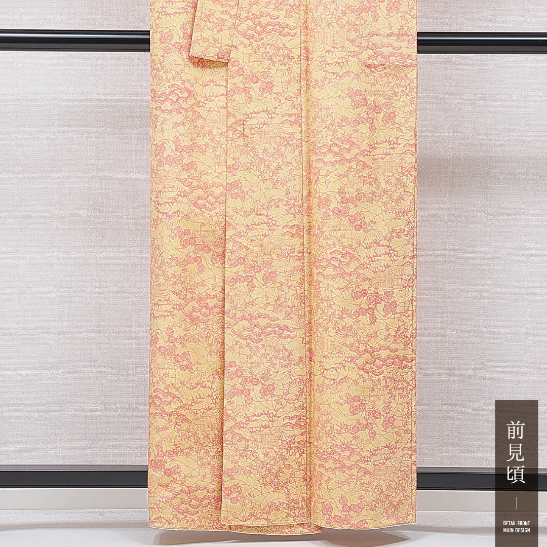 小紋 袷 身丈159cm 裄丈62cm 正絹 Cランク インフォーマル バチ衿 Mサイズ 古典柄 黄系 HP 1221-15738
