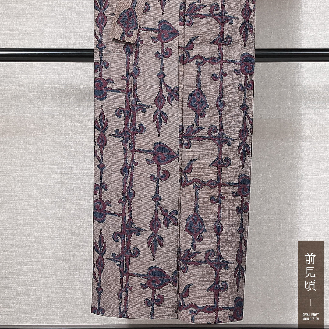 紬 単衣 身丈148cm 裄丈59cm 正絹 Cランク カジュアル バチ衿 XSサイズ 居敷当て 唐草 花柄 グレー系 LP 1223-14931
