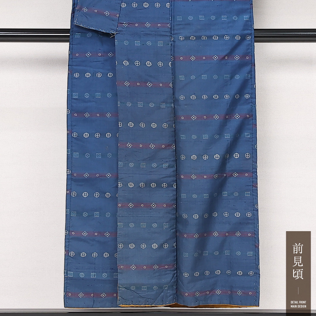 アンティーク 銘仙の着物 袷 身丈149cm 裄丈62cm 正絹 Cランク バチ衿 XSサイズ 幾何学柄 青系 RP 1223-13367