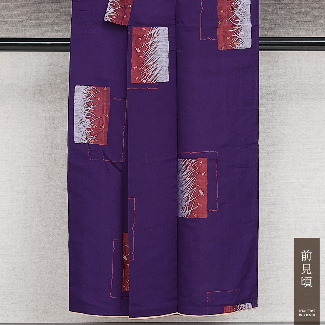 アンティーク お召 袷 身丈146cm 裄丈62cm 正絹 Aランク バチ衿 XSサイズ 植物柄 紫系 RP 1222-13988