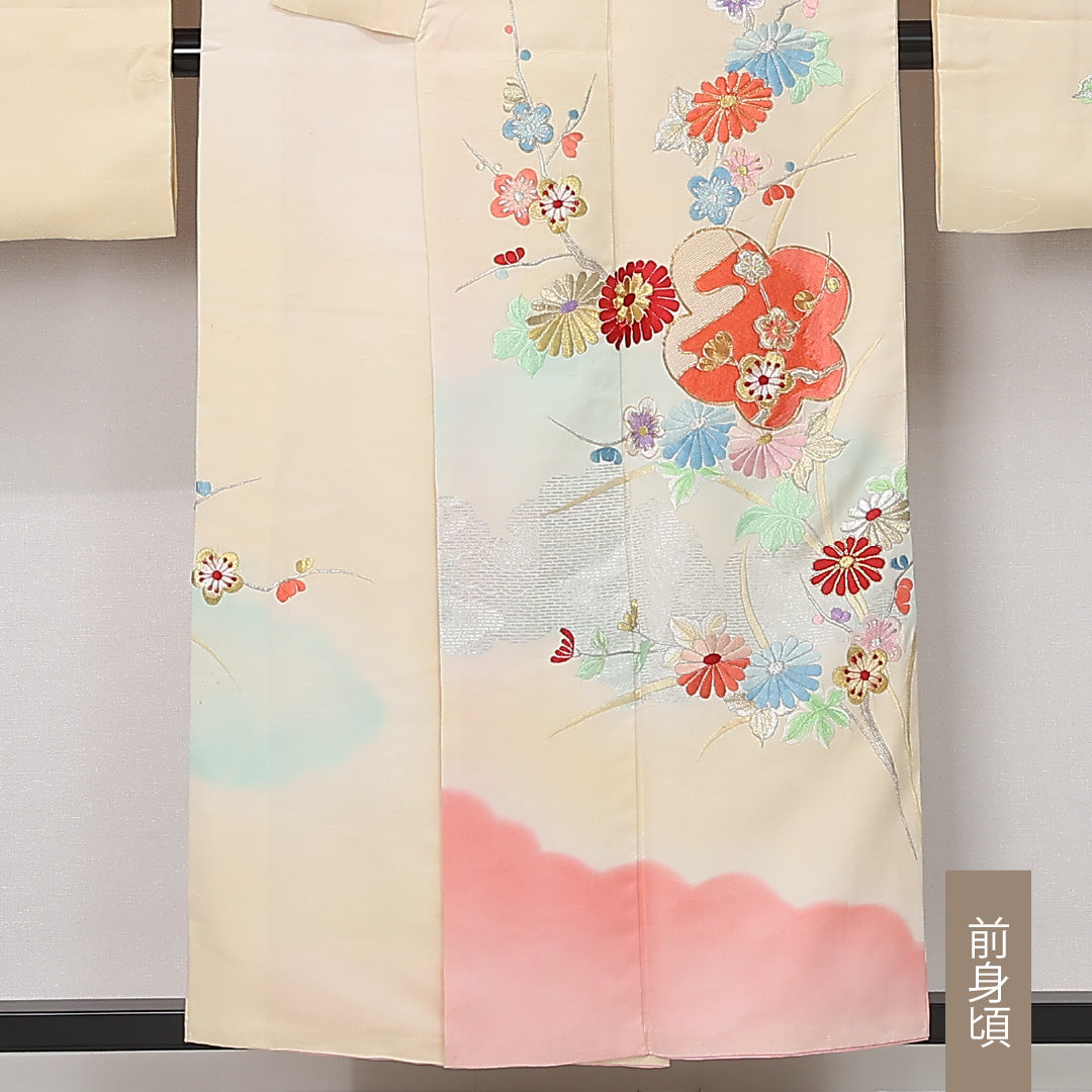 振袖 身丈154cm 裄丈67.5cm Aランク 袷 正絹 M 広衿 刺繍 金駒刺繍 菊 梅 花柄 クリーム系 1213-F0443