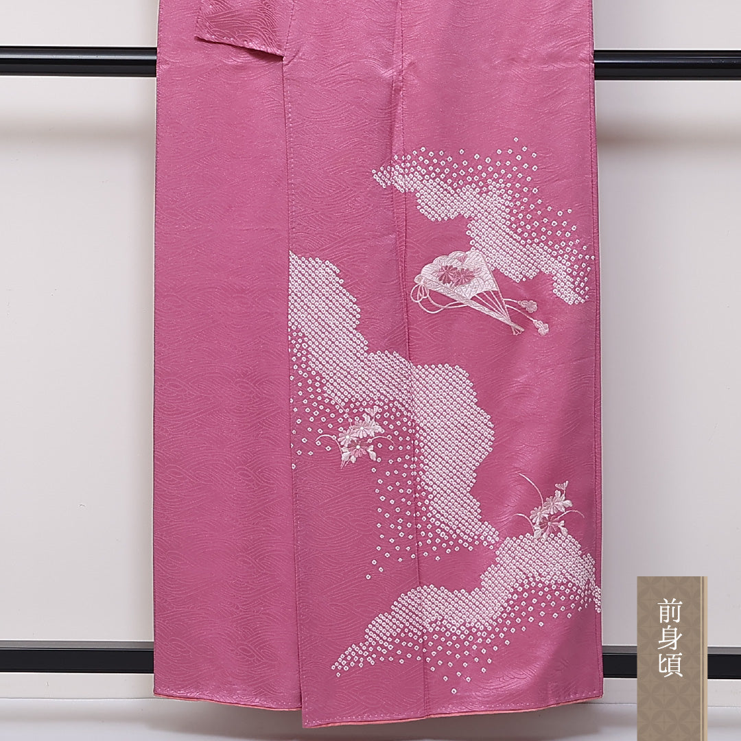 訪問着 袷 身丈156cm 裄64cm 正絹 扇子 部分絞り 菊 刺繍 Aランク 1212-00718