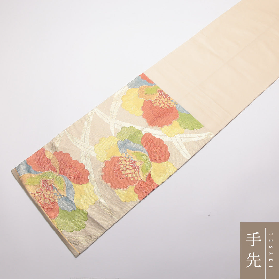 袋帯 帯丈436cm 正絹 六通 フォーマル 綴れ織 蘭 ベージュ系 1243-01340