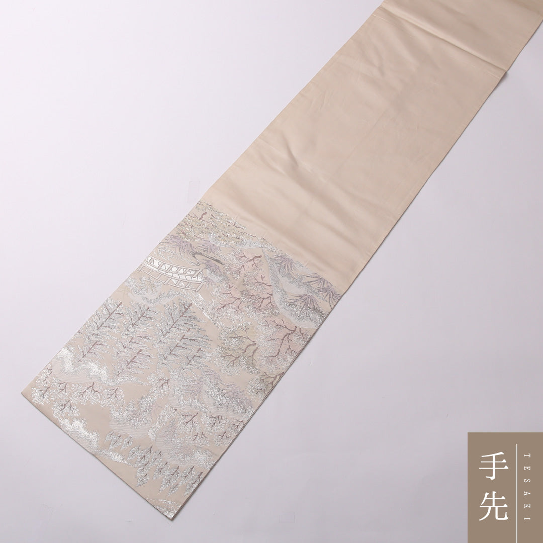 袋帯 帯丈428cm 正絹 六通 セミフォーマル 山水 橋 クリーム系 銀系 1243-01569