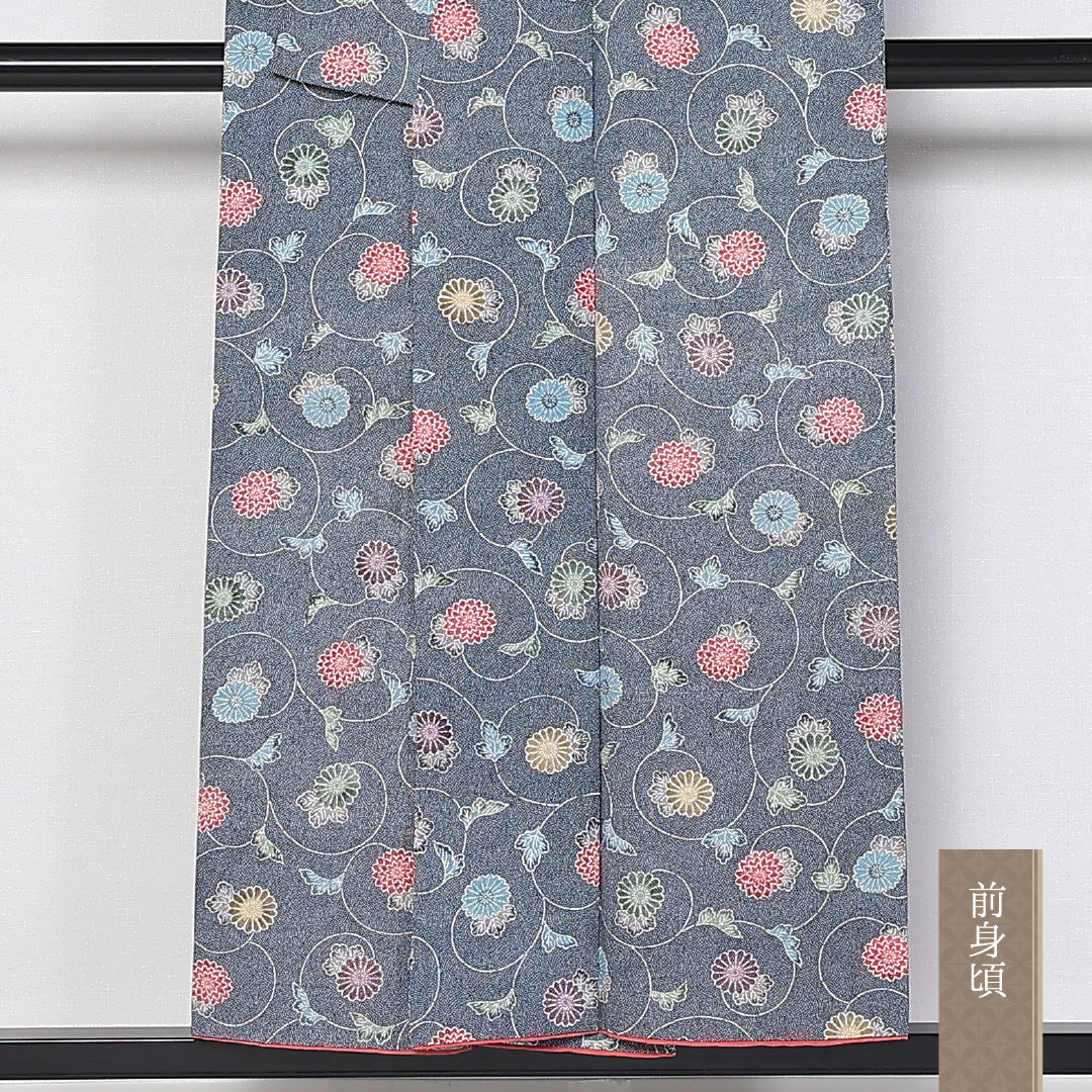 小紋 袷 身丈151cm 裄62cm 正絹 鮫 唐草 菊 青系 Cランク 1215-02439