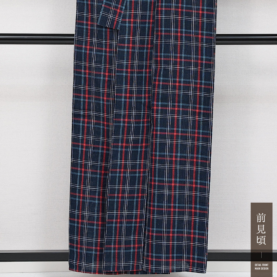 麻の紬 夏物 洗える着物 夏物 身丈157cm 裄丈64cm 麻 Cランク Mサイズ バチ衿 カジュアル 肩当て 格子 紺系 1216-14570