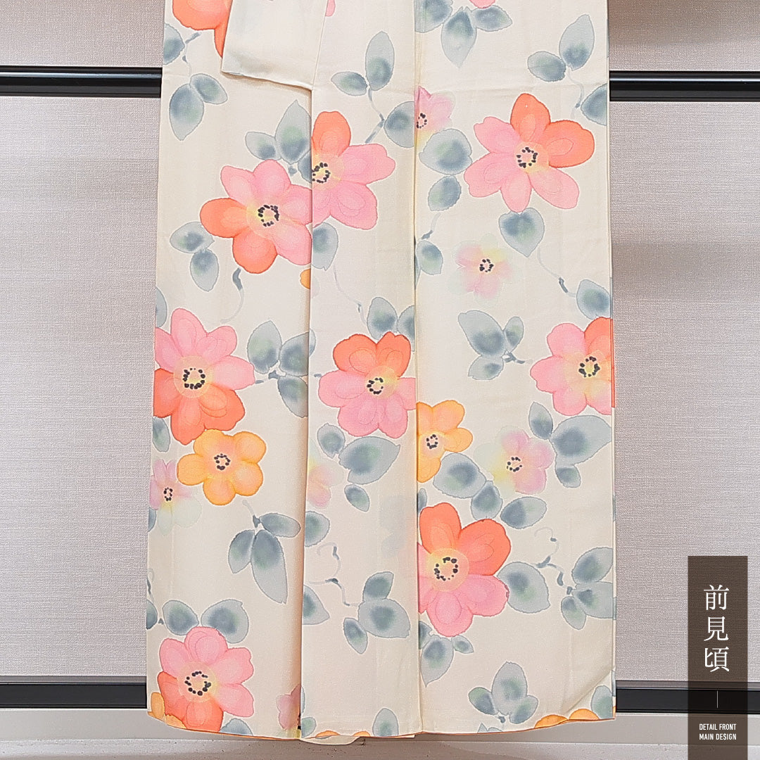 小紋 袷 身丈155cm 裄丈64cm 正絹 Cランク インフォーマル 広衿 Mサイズ 百合 クリーム系 HP 1221-15632