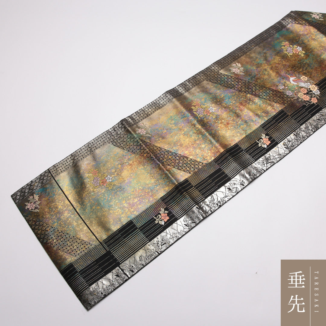 九寸名古屋帯 Sランク 帯丈351cm 正絹 ポイント柄 名古屋仕立て 織り セミフォーマル 花喰鳥 黒系・グレー系 RP 1245-01817