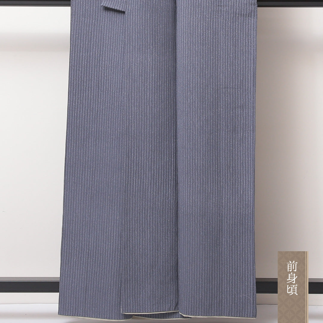 小紋 袷 身丈161cm 裄丈62cm 正絹 Sランク Lサイズ バチ衿 インフォーマル 織り出し 縞 漆糸 グレー系 1215-02241