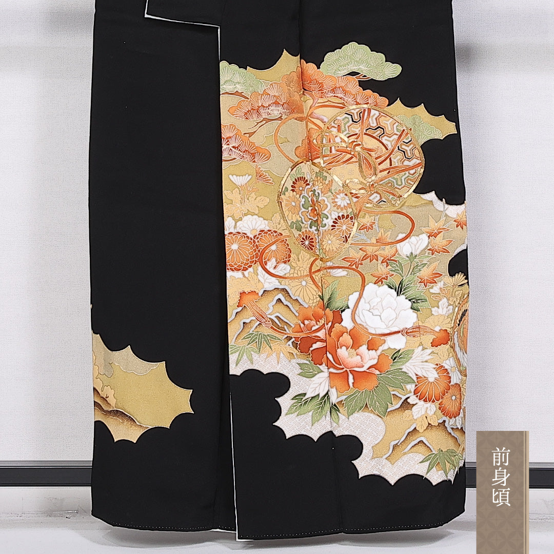 黒留袖 五つ紋 五三桐 身丈157cm 裄丈63cm Sランク 正絹 袷 比翼 広衿 M 金駒刺繍 鼓 牡丹 松 フォーマル 黒系 1211-F0312