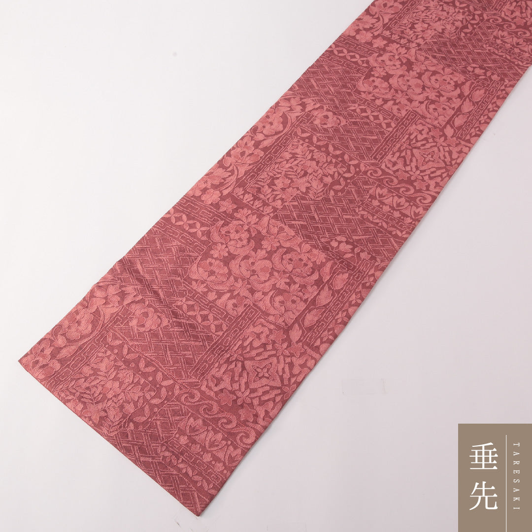 九寸名古屋帯 帯丈341cm カジュアル 名古屋仕立て 全通 Sランク 正絹 花柄 ピンク系 1224-03191