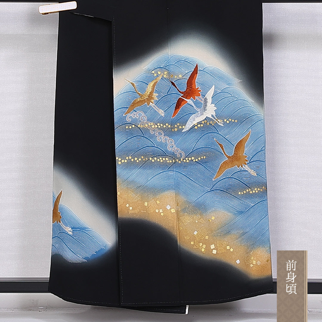 黒留袖 身丈154cm 裄丈63cm 袷 五つ紋 丸に木瓜 正絹 Cランク 広衿 鶴 刺繍 波 1211-F0347