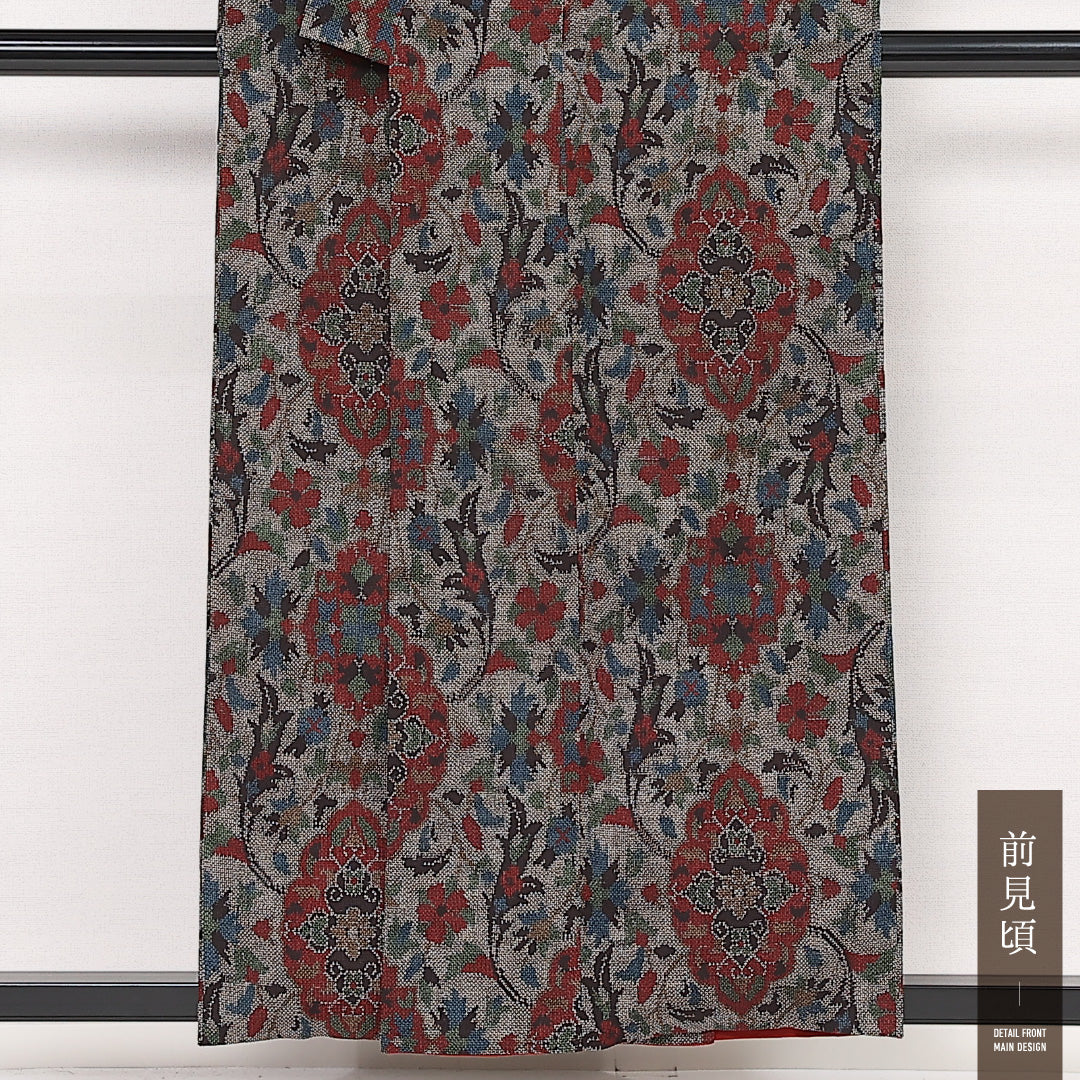 お召 袷 身丈156cm 裄丈64cm 正絹 Aランク インフォーマル バチ衿 Mサイズ 花柄 グレー系 HP 1222-13375