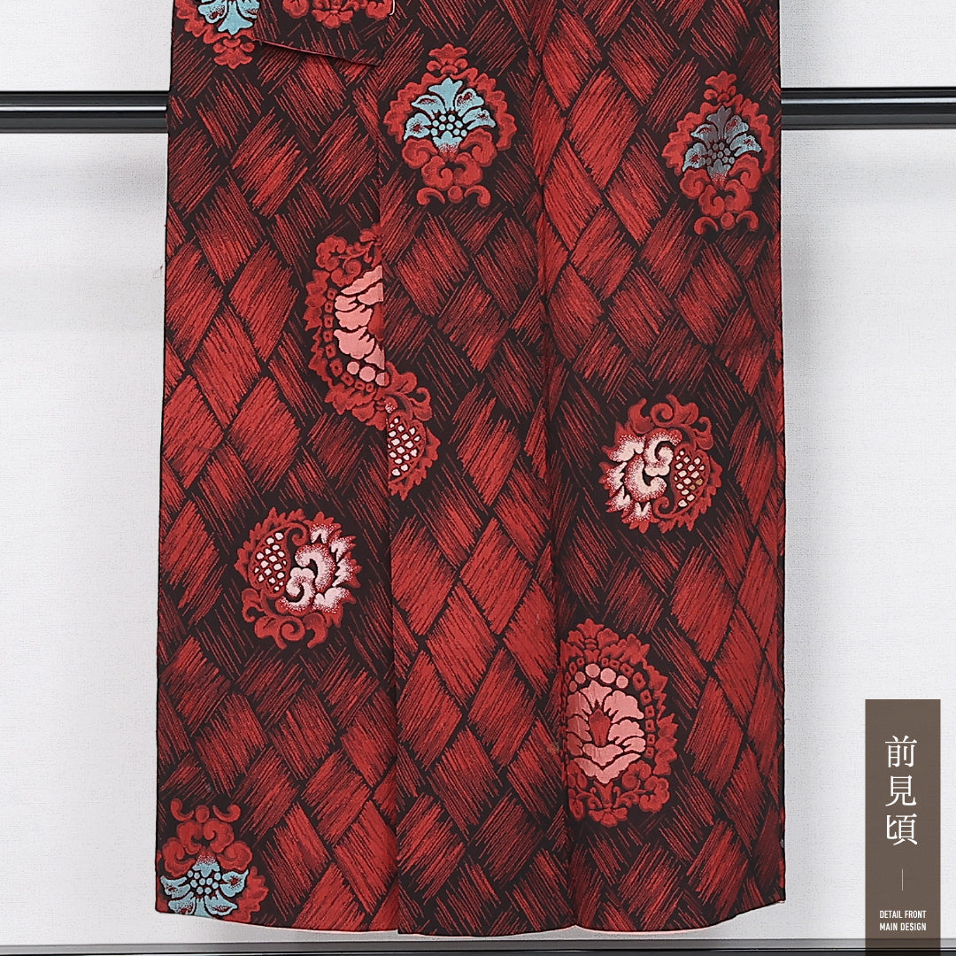 アンティーク お召 袷 身丈148cm 裄丈64cm 正絹 Bランク 広衿 XSサイズ ふくれ織 唐華 赤系 M4 1222-11890