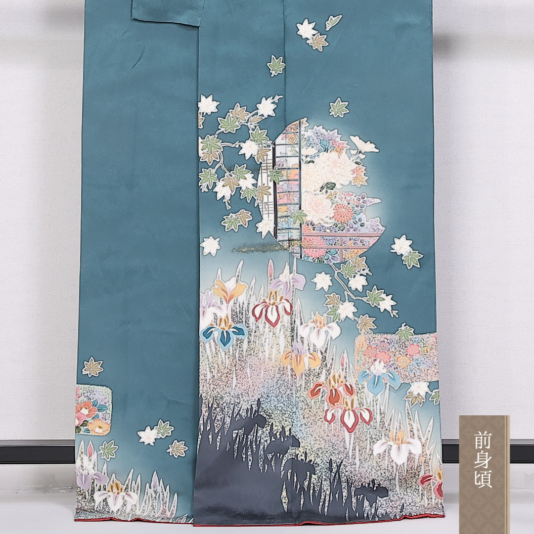 訪問着 袷 身丈164cm 裄65cm 正絹 ぼかし 菖蒲 楓 Aランク 1212-00854