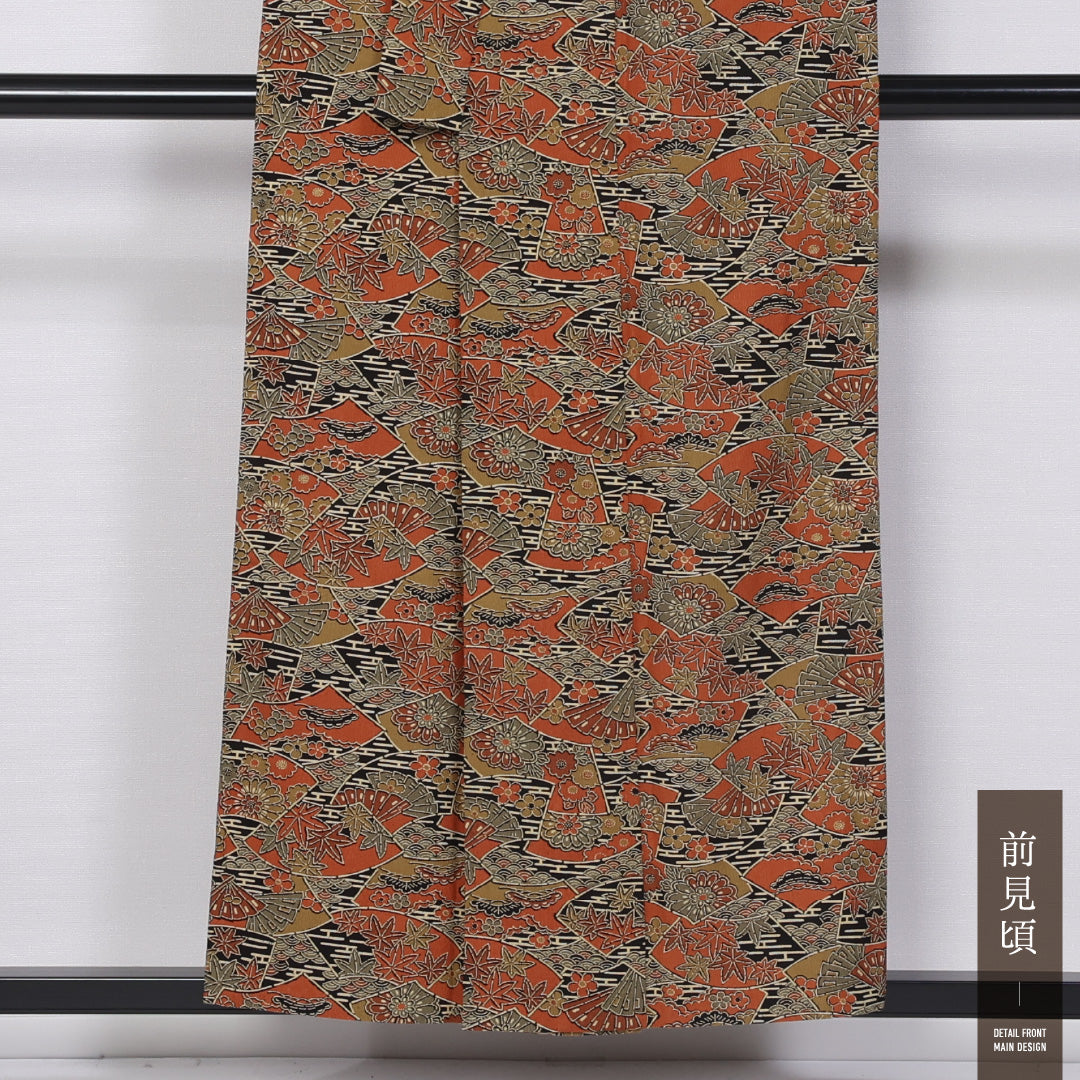 アンティーク 小紋 身丈151cm 裄丈63.5cm S 正絹 Sランク 単衣 バチ衿 古典柄 扇子 梅 紅葉 エ霞 1215-11488