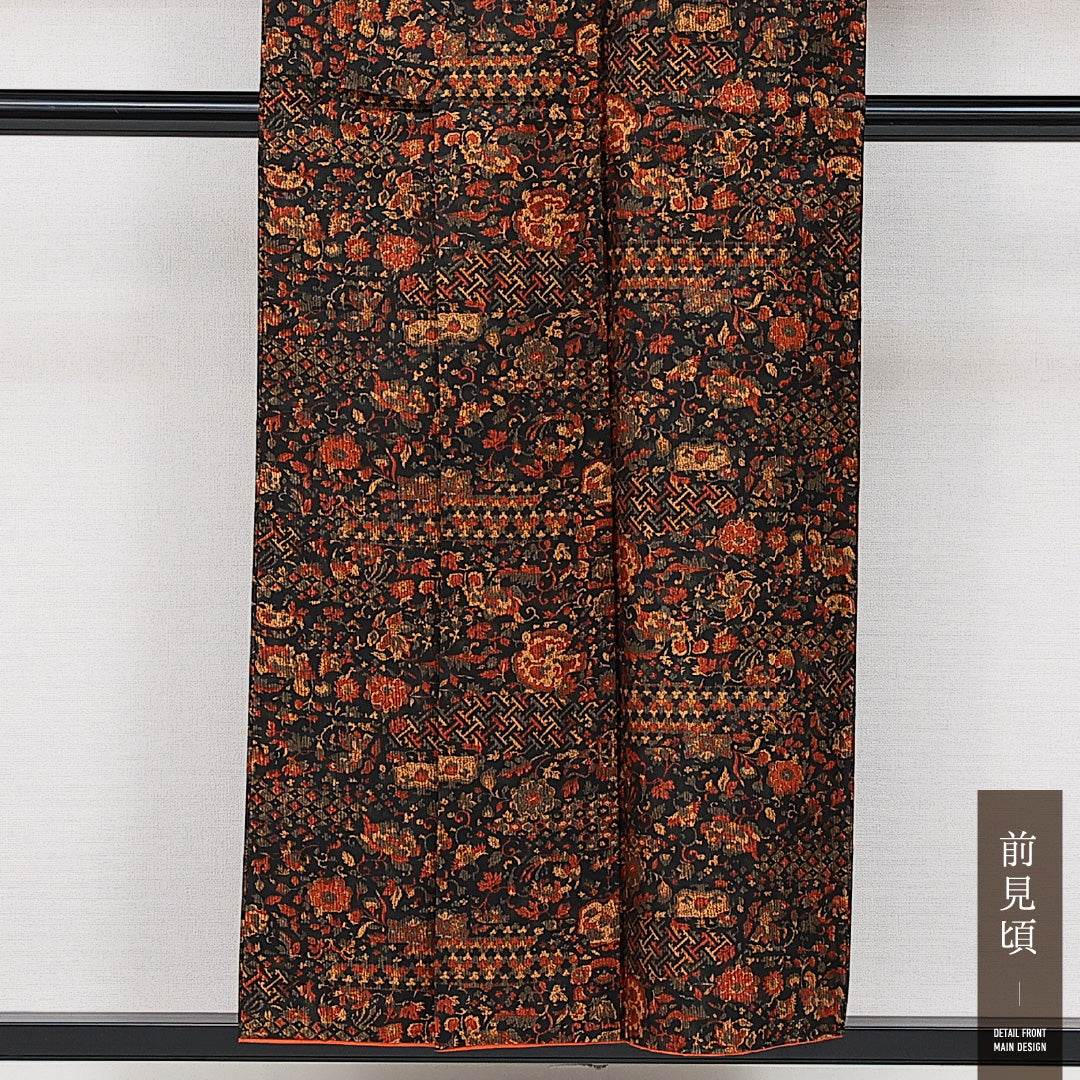 洗える着物 小紋 袷 身丈151cm 裄丈61cm ポリエステル Sランク インフォーマル バチ衿 Sサイズ 更紗 多色系 RP 1221-14363