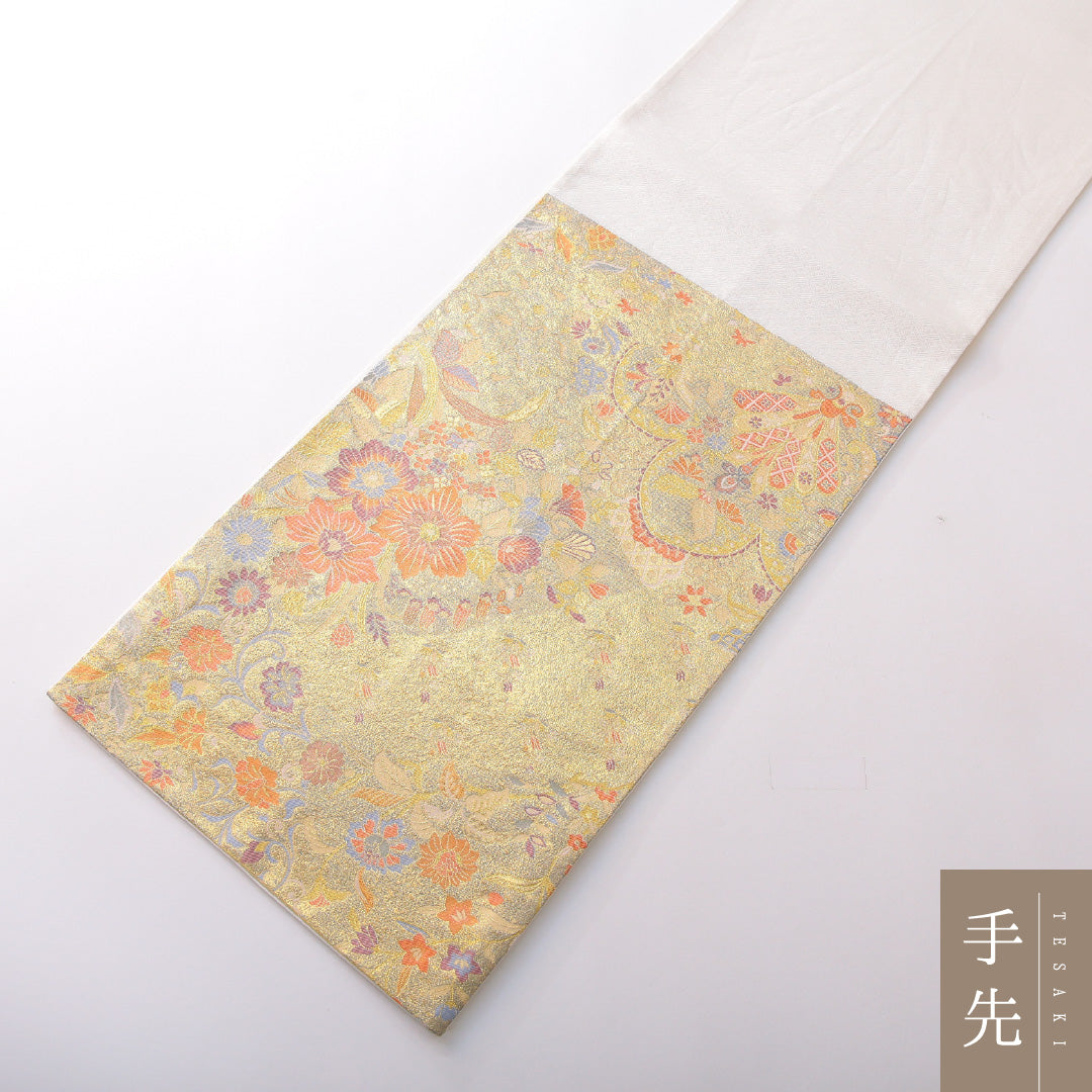 袋帯 帯丈438cm フォーマル 六通 帯芯なし Sランク 正絹 吉祥文様 金系 1223-02142