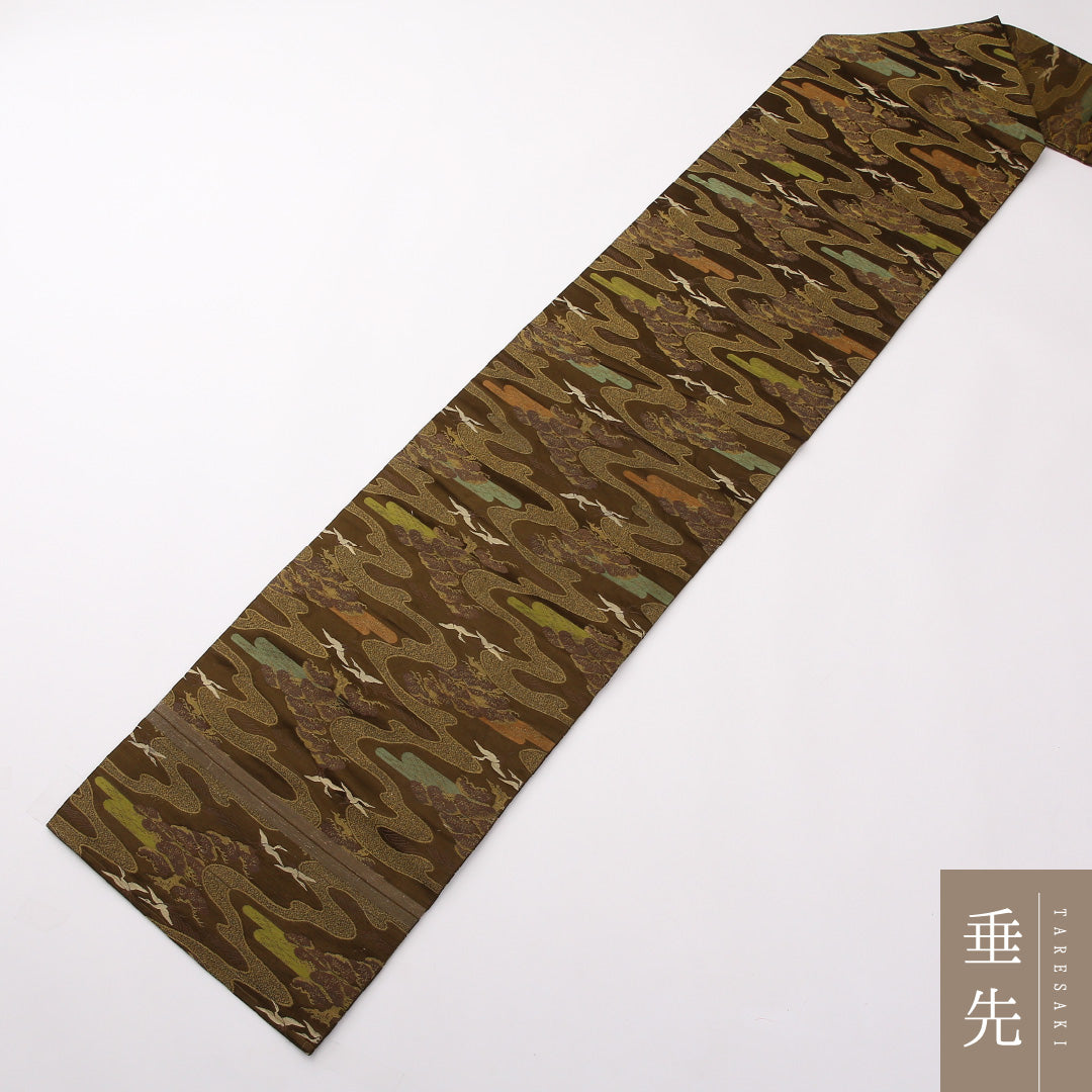 アンティーク 九寸名古屋帯 Aランク 帯丈343cm 正絹 全通 名古屋仕立て 織り 流水 松 茶系 LP 1245-02342