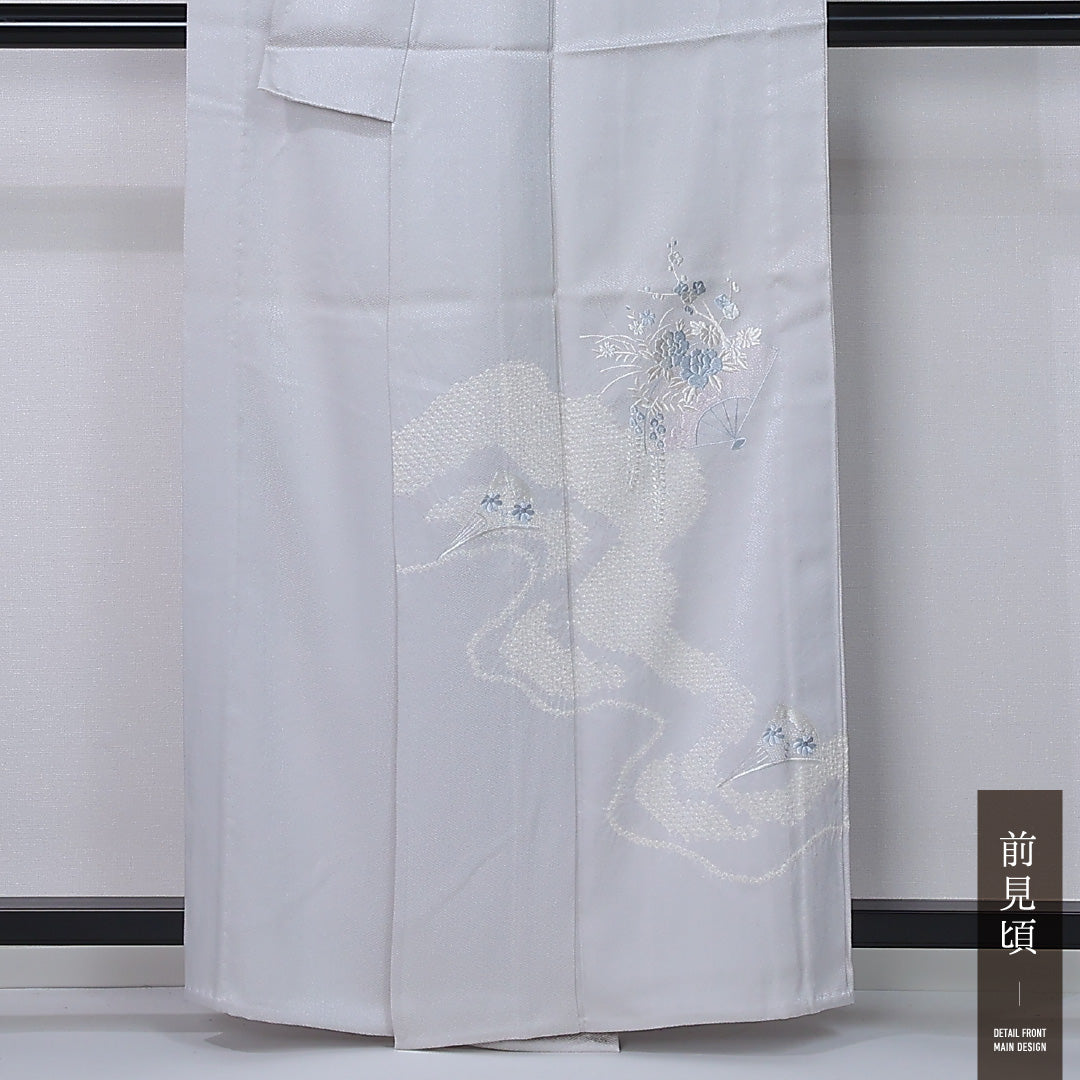 訪問着 身丈159cm 裄丈63cm Bランク M 正絹 単衣 広衿 一つ紋 梅鉢 蘇州刺繍 扇 菊 牡丹 部分絞り フォーマル グレー系 1212-12236