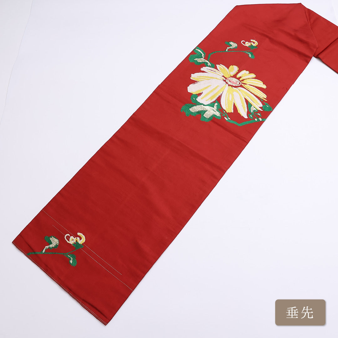 アンティーク 九寸名古屋帯 Aランク 帯丈336cm 正絹 ポイント柄 名古屋仕立て 織り 菊 赤系 LP 1245-01221