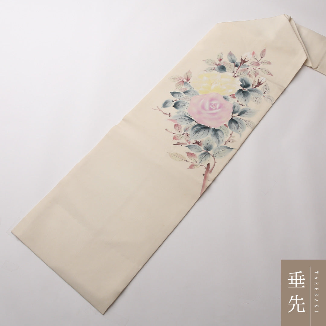 名古屋帯 ポイント柄 帯丈371cm カジュアル Cランク 正絹 塩瀬 薔薇 椿 クリーム系 1224-02319
