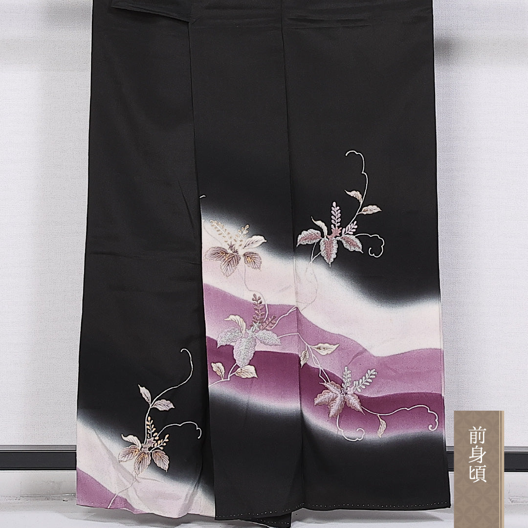 黒留袖 五つ紋 丸に梅鉢 身丈159cm 裄丈64cm Cランク 正絹 袷 広衿 M 刺繍 桐 フォーマル 黒系 1211-F0317