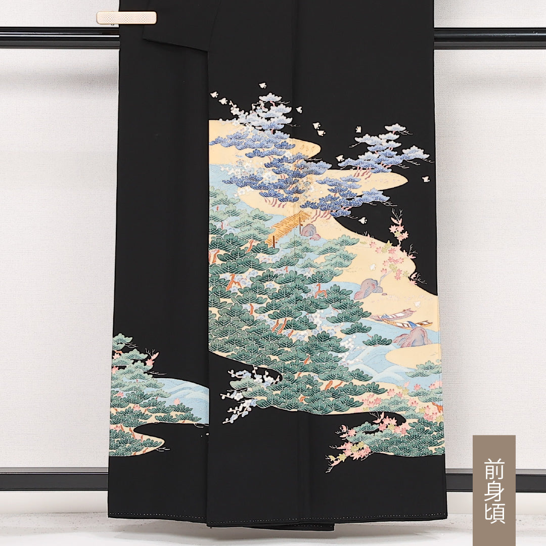 黒留袖 五つ紋 橘 身丈158cm 裄丈62.5cm Aランク 正絹 袷 比翼 広衿 M 落款 松 フォーマル 幻想的 重厚感 黒系 1211-F0584