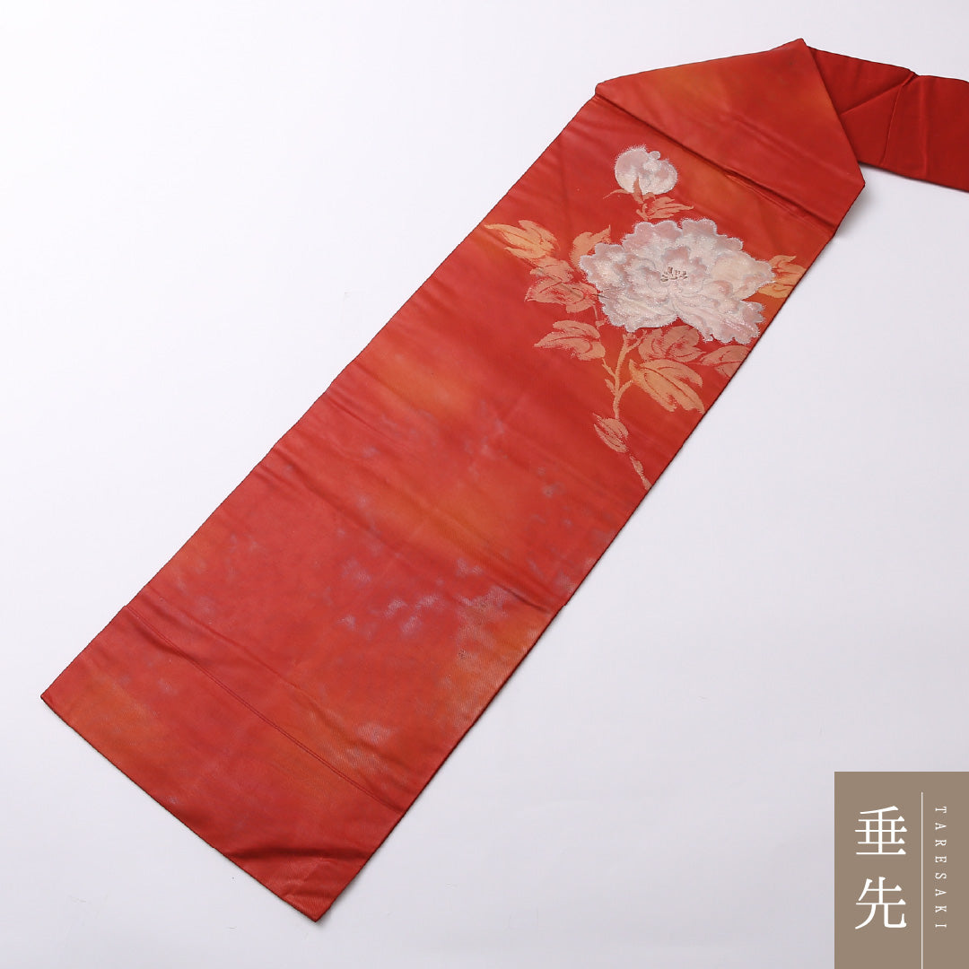 九寸名古屋帯 Aランク 帯丈352cm 正絹 ポイント柄 名古屋仕立て 織り インフォーマル 芙蓉 赤系 HP 1245-02594