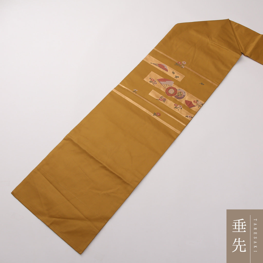 九寸名古屋帯 Aランク 帯丈372cm 正絹 ポイント柄 名古屋仕立て 織り セミフォーマル 御所車 楽器 黄系 RP 1245-02225