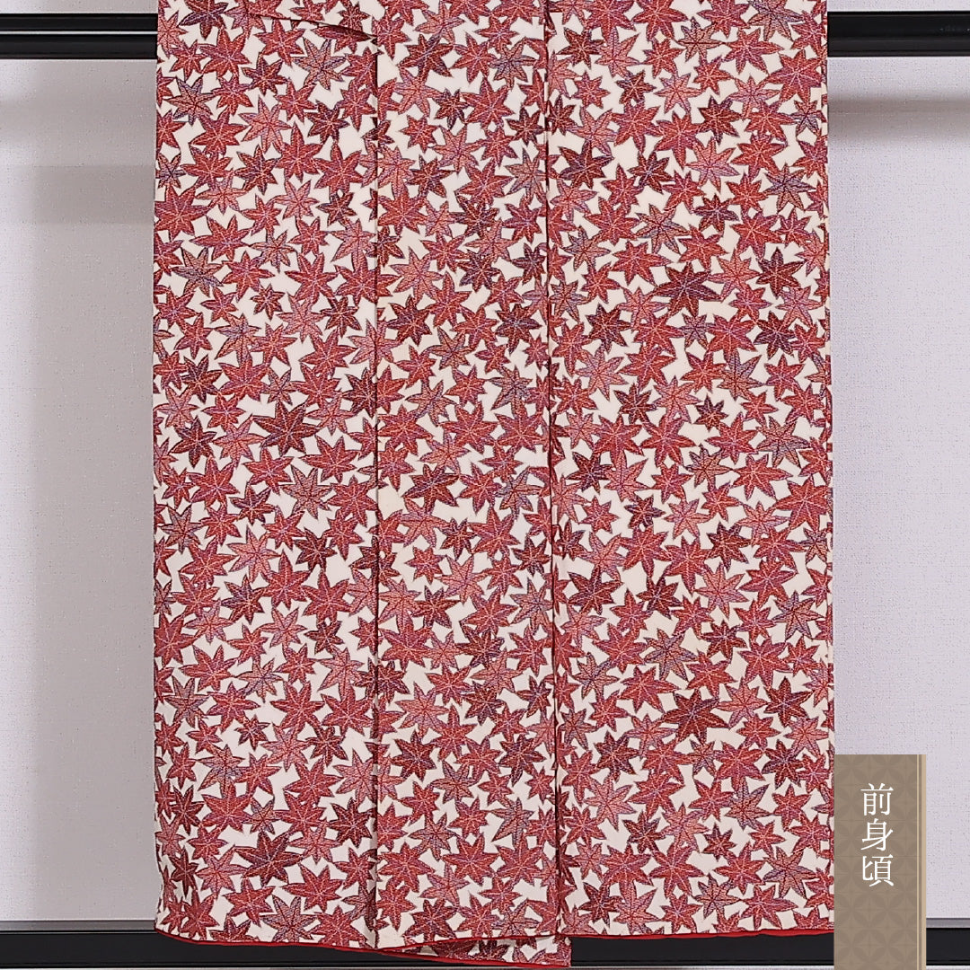 小紋 袷 身丈149.5cm 裄63.5cm 正絹 紅葉 赤系 Cランク 1215-02466