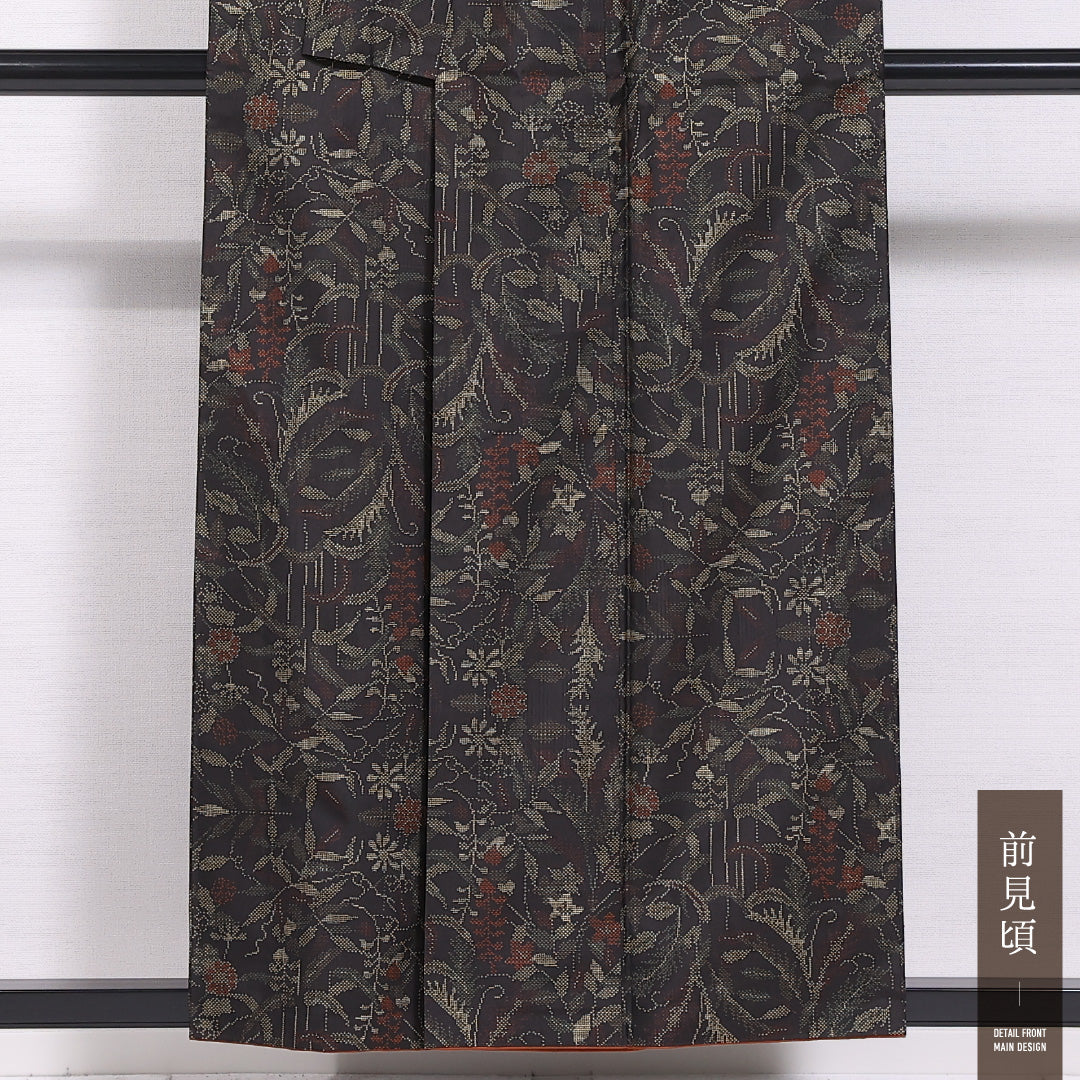 大島紬 袷 身丈154cm 裄丈62cm 正絹 Sランク インフォーマル 広衿 Sサイズ 植物柄 黒系 M4 1223-11786