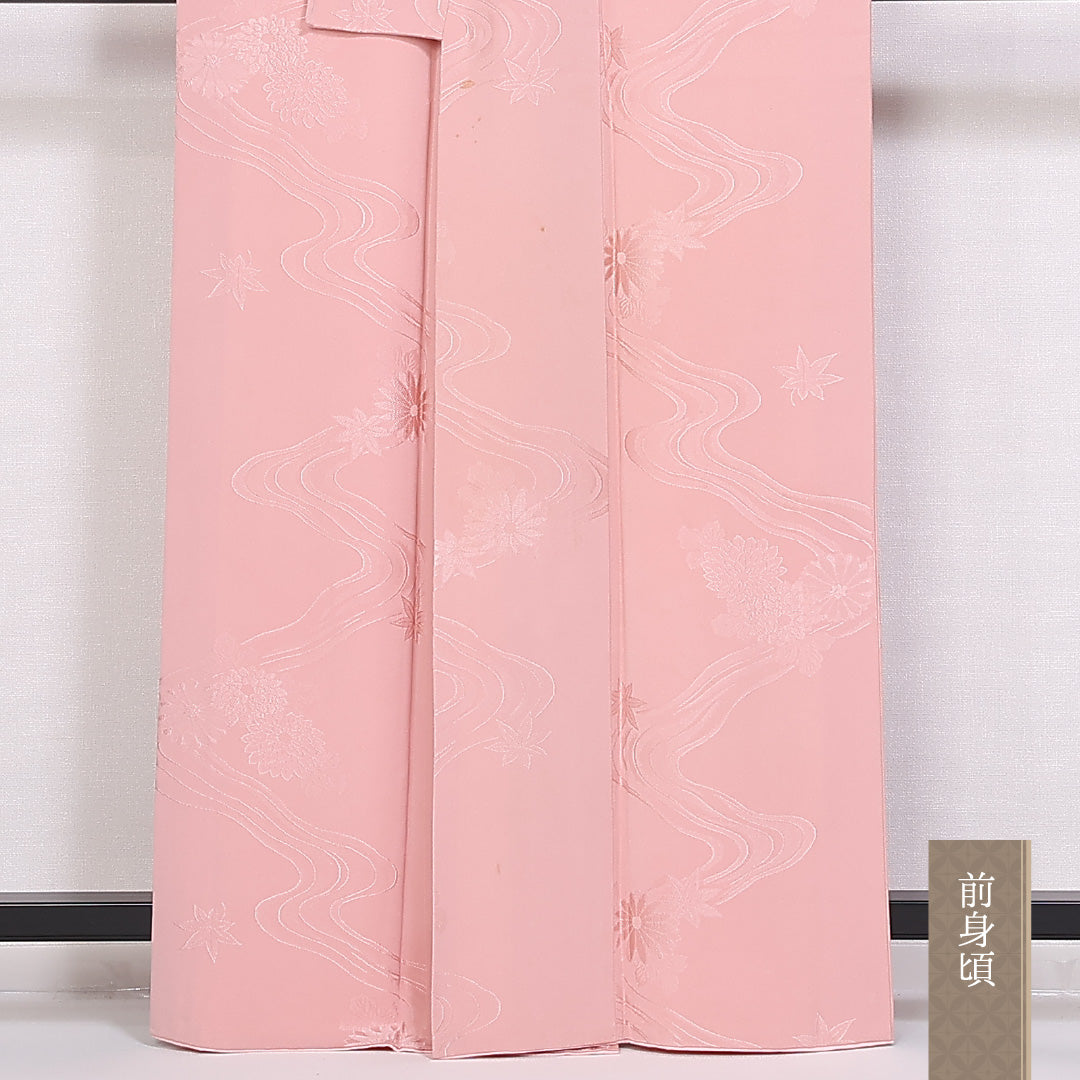 色無地 袷 身丈161cm 裄丈65cm 正絹 Bランク 一つ紋 紋意匠 (流水) セミフォーマル 広衿 Lサイズ ピンク系 HP 1219-10056