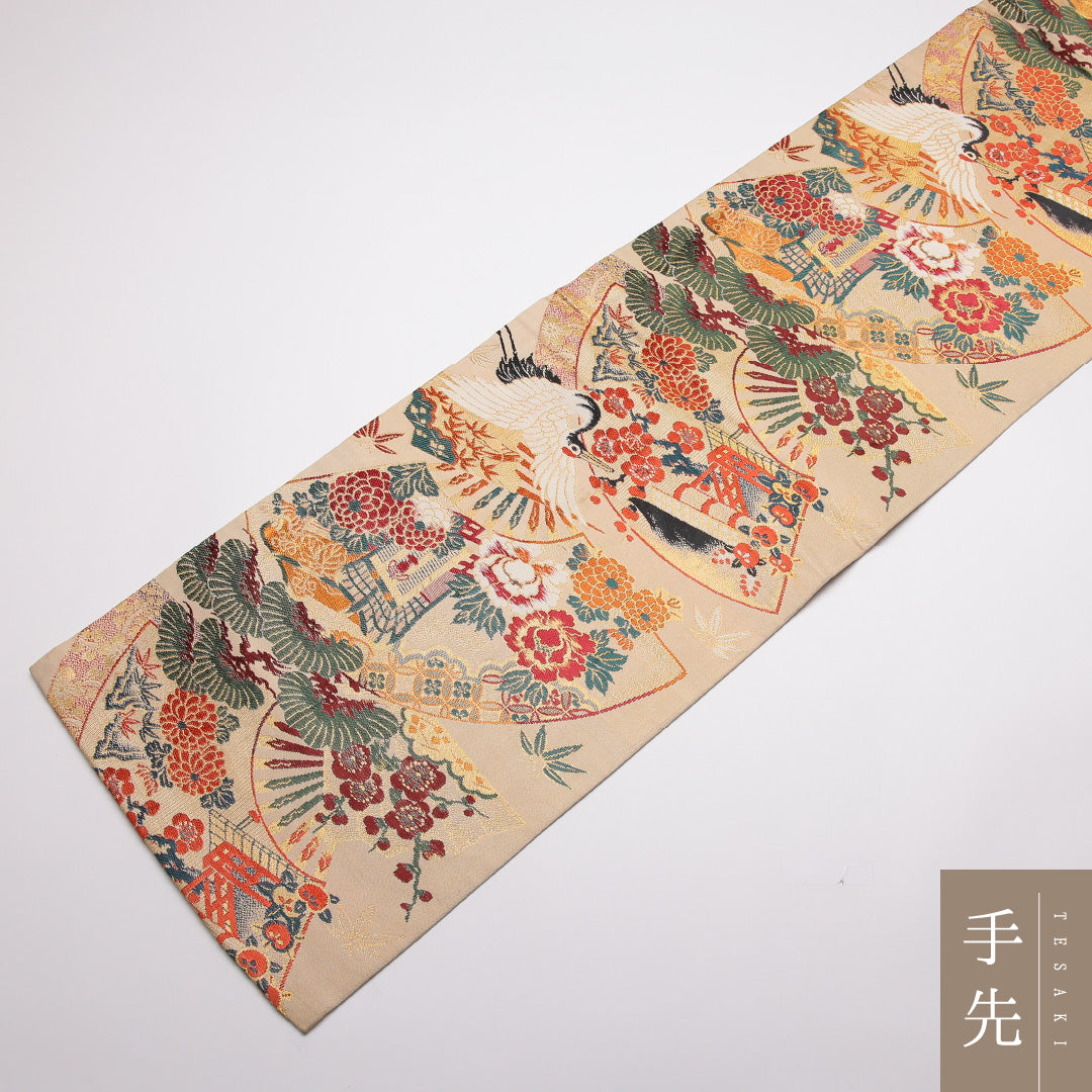 アンティーク 丸帯 帯丈368cm Aランク 全通 正絹 鶴 アンティーク クリーム系 鶴 松竹梅 1223-01371