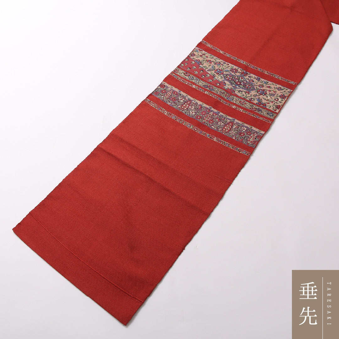 八寸名古屋帯 Sランク 帯丈348cm 正絹 ポイント柄 名古屋仕立て 織り カジュアル 紬 唐草華文 赤系 LP 1245-02952