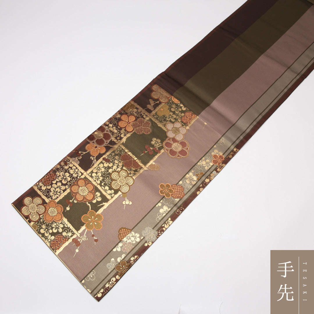 袋帯 帯丈430cm 正絹 六通 セミフォーマル 梅 裂取り 茶系 1243-01321