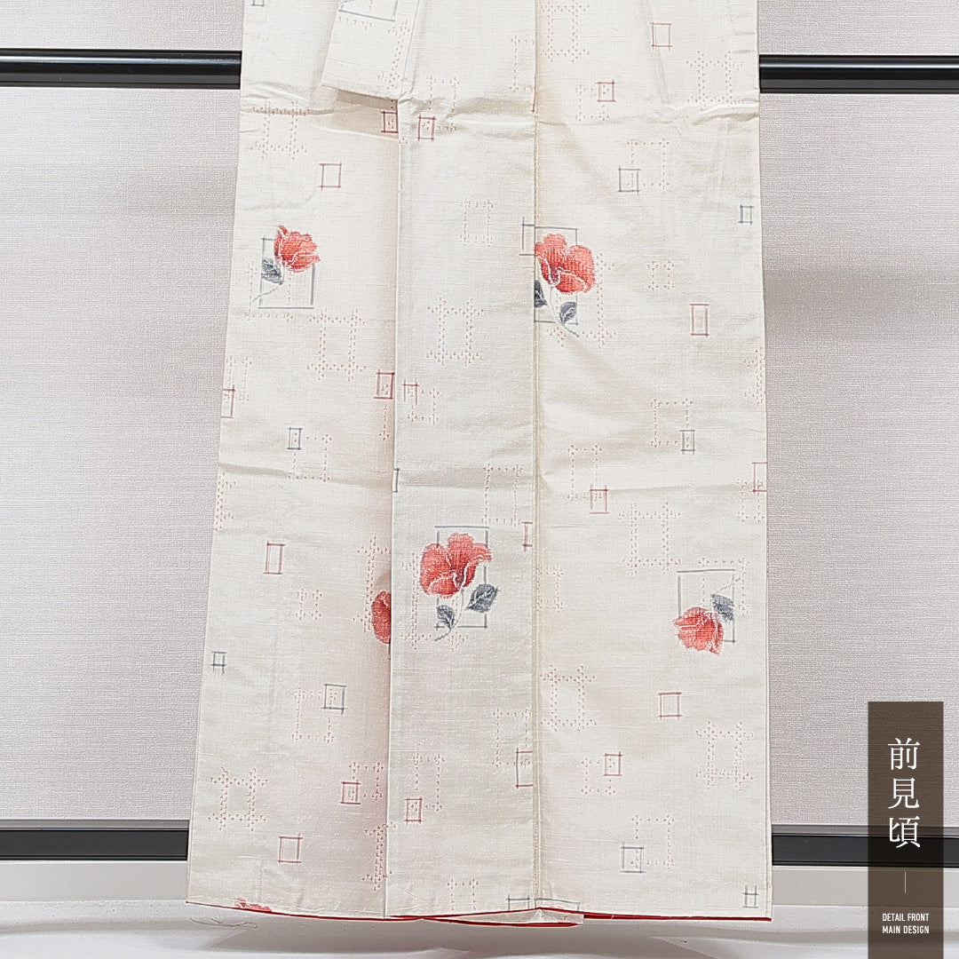 紬 袷 身丈159cm 裄丈66cm 正絹 Cランク カジュアル バチ衿 Mサイズ 花柄 クリーム系 LP 1223-15613